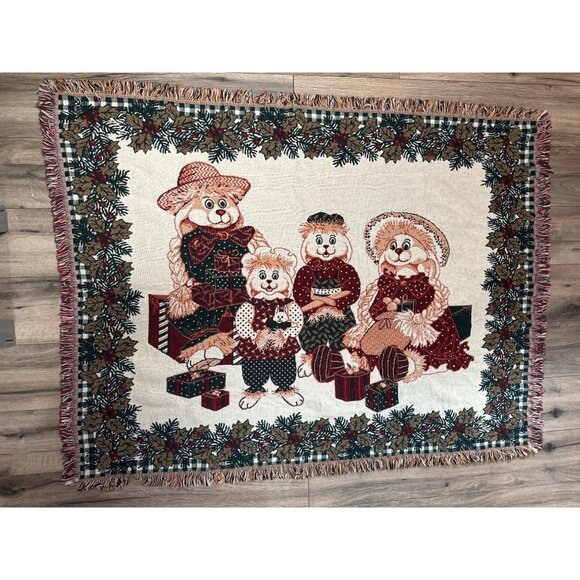 Christmas Bunny Family Tapestry Throw Blanket 46 x 59 Inches Cotton Goodwin Weav - Picture 1 of 6